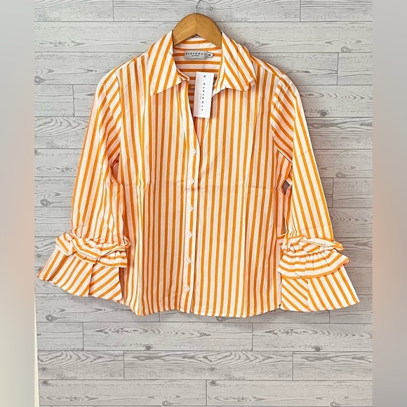 Harshman Women's XS Selina Cotton Button Front Ruffle-Trim Striped Marigold - Picture 3 of 13